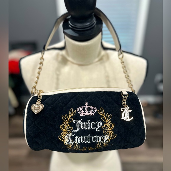 Juicy Couture Royal Moment Shoulder Barrel Mini Bag Black Velour Velvet - Picture 1 of 9